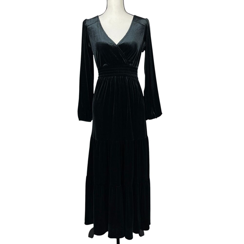 Knox Rose Women's Maxi Dress XS Black Velvet Long Sleeve Tiered Boho Whimsygoth